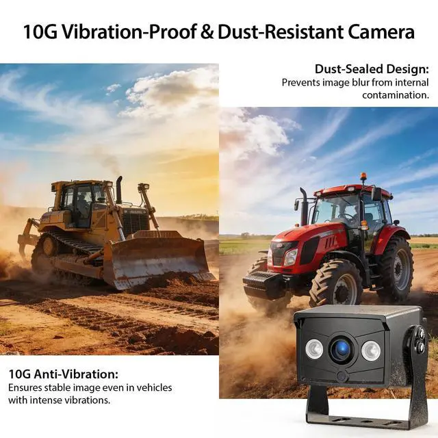 Alt view image 4 of 7 - 2 Wired Rear View Backup Camera System, 10" 1080P Monitor IP69K Waterproof Vibration-Proof 10G Reverse Camera, Quad Split Screen for Tractor, Truck, Trailer, Combine, Heavy Equipment, BH102