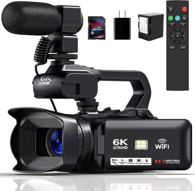 Main image of Camcorder 6K Video Camera Ultra 64MP Vlogging Camera for YouTube Webcam | 18X Digital Zoom, 4.0 Inch Touch Screen, IR Night Vision With WiFi, Microphone, Remote Control, 64GB SD Card and Stabilizer