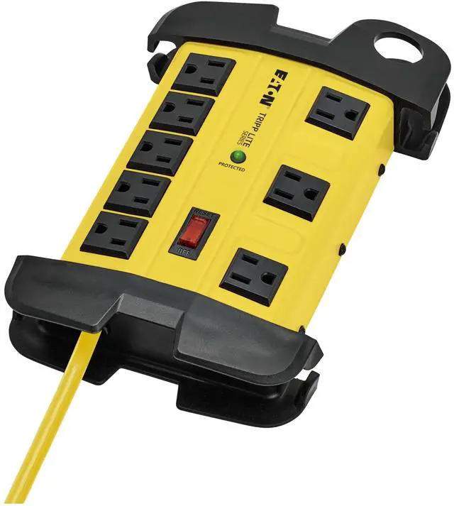 Main image of Eaton TLM825SA Heavy Duty Power Strip with Surge Protection, 8 Outlets, 3900 Joules, Yellow Metal Housing, 25ft Cord, Keyhole Mounting Slots, Cord Wrap, Industrial Garage Work Shop Bench