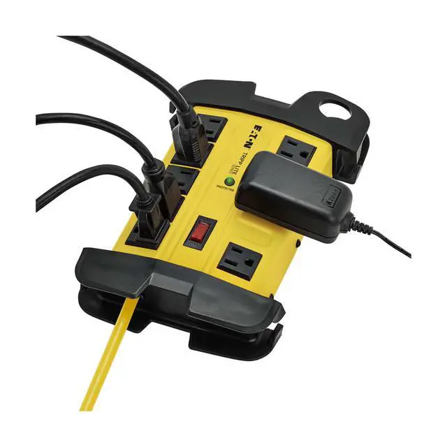 Alt view image 2 of 7 - Eaton TLM825SA Heavy Duty Power Strip with Surge Protection, 8 Outlets, 3900 Joules, Yellow Metal Housing, 25ft Cord, Keyhole Mounting Slots, Cord Wrap, Industrial Garage Work Shop Bench