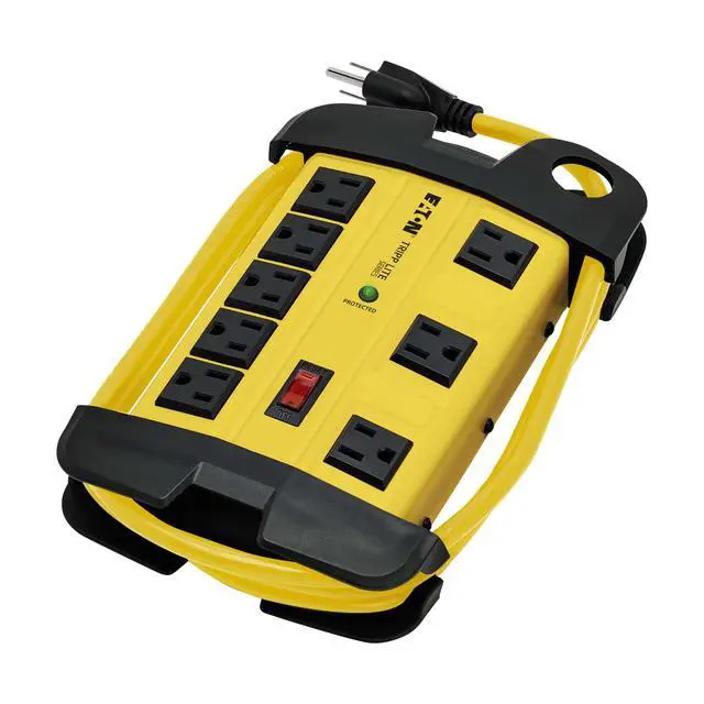 Alt view image 5 of 7 - Eaton TLM825SA Heavy Duty Power Strip with Surge Protection, 8 Outlets, 3900 Joules, Yellow Metal Housing, 25ft Cord, Keyhole Mounting Slots, Cord Wrap, Industrial Garage Work Shop Bench