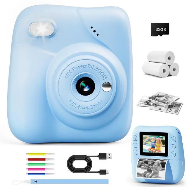 Main image of Kids Camera Instant Print, 1080P HD Kids Instant Camera with 32G Card & 3 Rolls Print Paper, Portable Toddler Toy, Christmas Birthday Gifts for Boys Girls Age 3-12 (Blue)