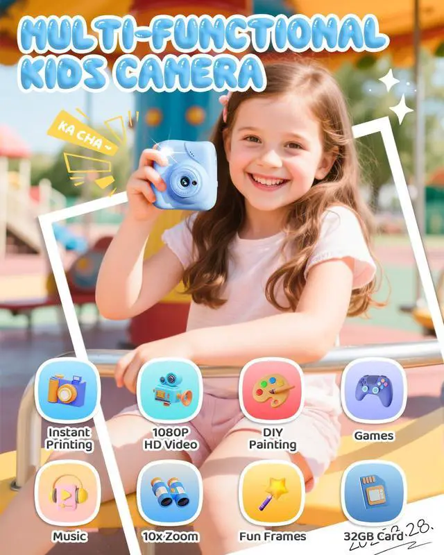 Alt view image 2 of 7 - Kids Camera Instant Print, 1080P HD Kids Instant Camera with 32G Card & 3 Rolls Print Paper, Portable Toddler Toy, Christmas Birthday Gifts for Boys Girls Age 3-12 (Blue)