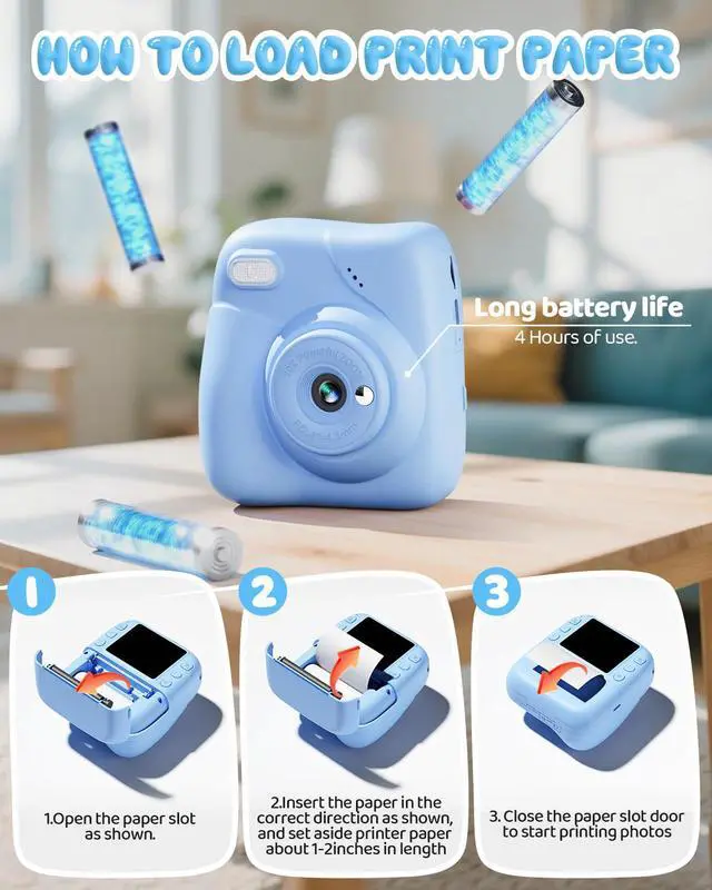 Alt view image 6 of 7 - Kids Camera Instant Print, 1080P HD Kids Instant Camera with 32G Card & 3 Rolls Print Paper, Portable Toddler Toy, Christmas Birthday Gifts for Boys Girls Age 3-12 (Blue)