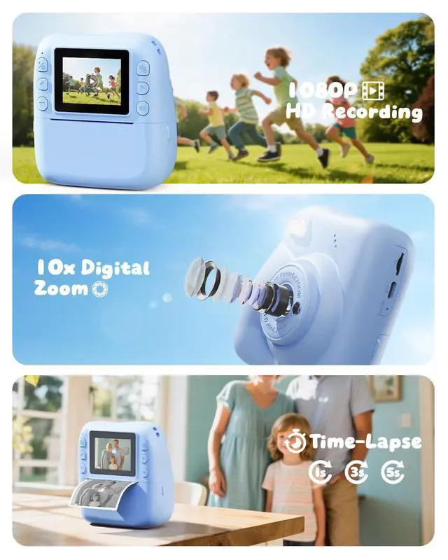 Alt view image 5 of 7 - Kids Camera Instant Print, 1080P HD Kids Instant Camera with 32G Card & 3 Rolls Print Paper, Portable Toddler Toy, Christmas Birthday Gifts for Boys Girls Age 3-12 (Blue)