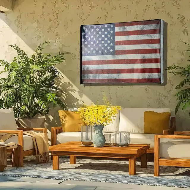 Alt view image 6 of 7 - Leather Outdoor TV Cover 70-75 Inch Vinyl Fabric, Marine Faux Leather Waterproof & Weatherproof TV Cover with Roll Up Front, Zipper Closure & Remote Control Pocket, American Flag
