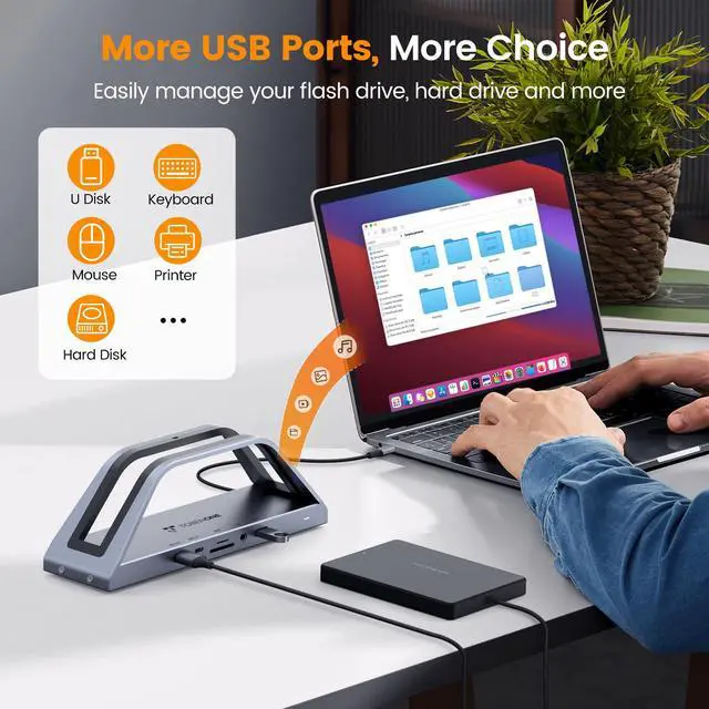 Alt view image 5 of 7 - 14-in-1 MacBook Pro/Air Docking Station Dual 4K Monitor, Laptop Docking Station Stand for MacBook M1-M5/Neo, Driver-Based, USB C Dock with 65W Power Adapter, 2 HDMI,VGA, 5Gbps USB, RJ45