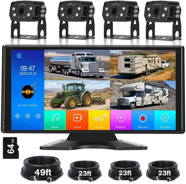 Main image of 10.36'' Touch Screen Wired RV Truck Backup Camera System with 4 Cameras | Included 64GB Card, 1080P IP69 Waterproof IR Night Vision Dash Cam, 4CH DVR Loop Recording with BSD for Semi-Truck Horse