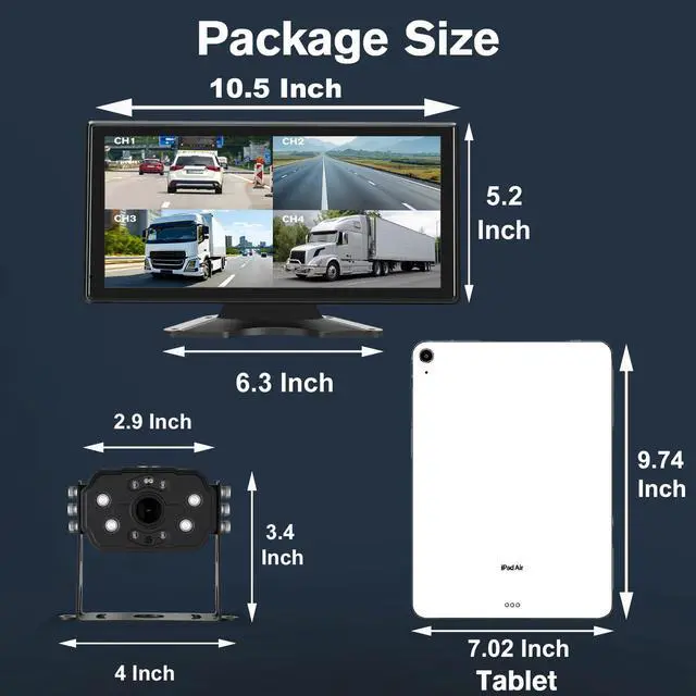 Alt view image 3 of 7 - 10.36'' Touch Screen Wired RV Truck Backup Camera System with 4 Cameras | Included 64GB Card, 1080P IP69 Waterproof IR Night Vision Dash Cam, 4CH DVR Loop Recording with BSD for Semi-Truck Horse