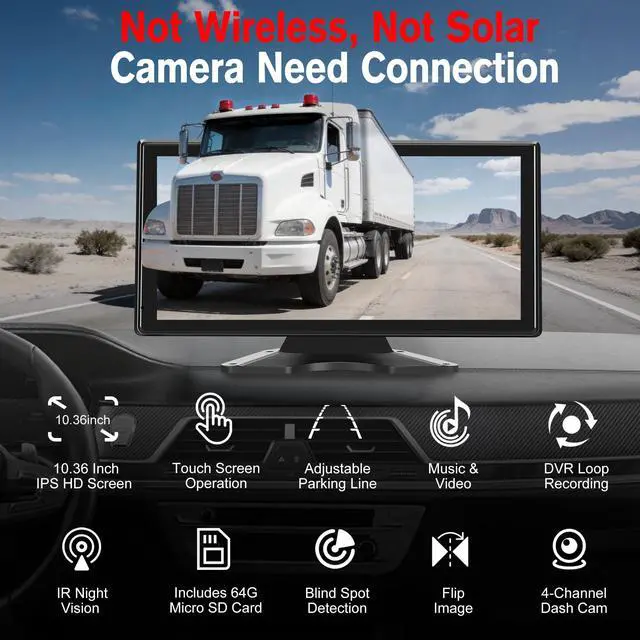 Alt view image 2 of 7 - 10.36'' Touch Screen Wired RV Truck Backup Camera System with 4 Cameras | Included 64GB Card, 1080P IP69 Waterproof IR Night Vision Dash Cam, 4CH DVR Loop Recording with BSD for Semi-Truck Horse