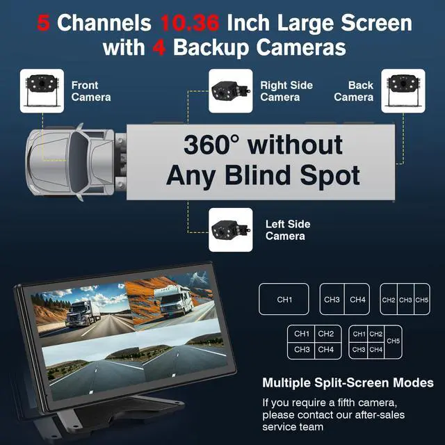 Alt view image 4 of 7 - 10.36'' Touch Screen Wired RV Truck Backup Camera System with 4 Cameras | Included 64GB Card, 1080P IP69 Waterproof IR Night Vision Dash Cam, 4CH DVR Loop Recording with BSD for Semi-Truck Horse