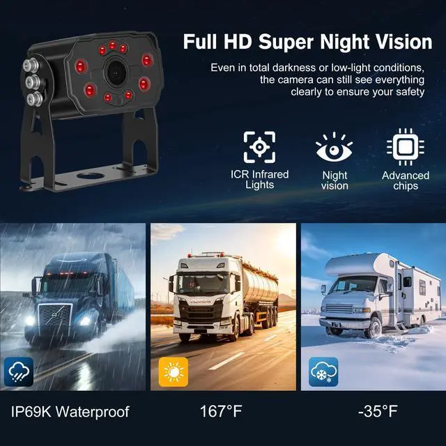 Alt view image 7 of 7 - 10.36'' Touch Screen Wired RV Truck Backup Camera System with 4 Cameras | Included 64GB Card, 1080P IP69 Waterproof IR Night Vision Dash Cam, 4CH DVR Loop Recording with BSD for Semi-Truck Horse