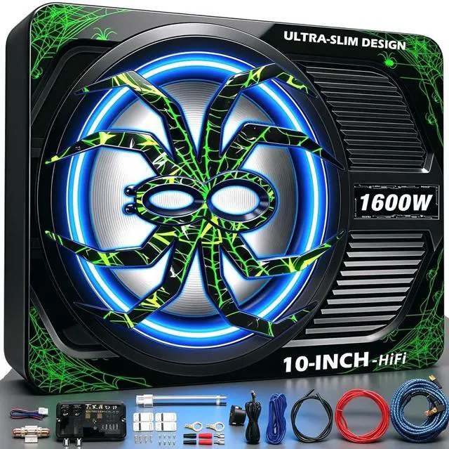 Main image of Upgraded 1600W Car Subwoofer, 10" Ultra-Thin Under-Seat Sub with Built-in Amplifier, (LPF/Gain/Bass Boost) LED Ambient Lights, Independent Bass Knob, Distortion-Free Deep BassGreen