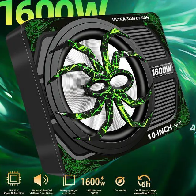 Alt view image 2 of 7 - Upgraded 1600W Car Subwoofer, 10" Ultra-Thin Under-Seat Sub with Built-in Amplifier, (LPF/Gain/Bass Boost) LED Ambient Lights, Independent Bass Knob, Distortion-Free Deep BassGreen