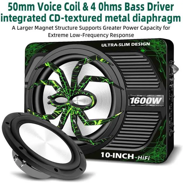 Alt view image 3 of 7 - Upgraded 1600W Car Subwoofer, 10" Ultra-Thin Under-Seat Sub with Built-in Amplifier, (LPF/Gain/Bass Boost) LED Ambient Lights, Independent Bass Knob, Distortion-Free Deep BassGreen