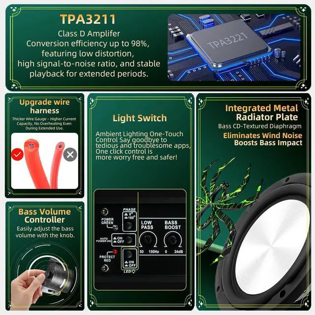 Alt view image 4 of 7 - Upgraded 1600W Car Subwoofer, 10" Ultra-Thin Under-Seat Sub with Built-in Amplifier, (LPF/Gain/Bass Boost) LED Ambient Lights, Independent Bass Knob, Distortion-Free Deep BassGreen
