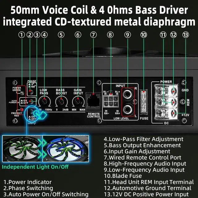 Alt view image 6 of 7 - Upgraded 1600W Car Subwoofer, 10" Ultra-Thin Under-Seat Sub with Built-in Amplifier, (LPF/Gain/Bass Boost) LED Ambient Lights, Independent Bass Knob, Distortion-Free Deep BassGreen