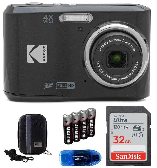 Main image of Pixpro FZ45 Digital Camera Bundle, Includes: SanDisk 32GB Memory Card, Spare Batteries, Hard Shell Camera Case and Card Reader (5 Items) (Black)