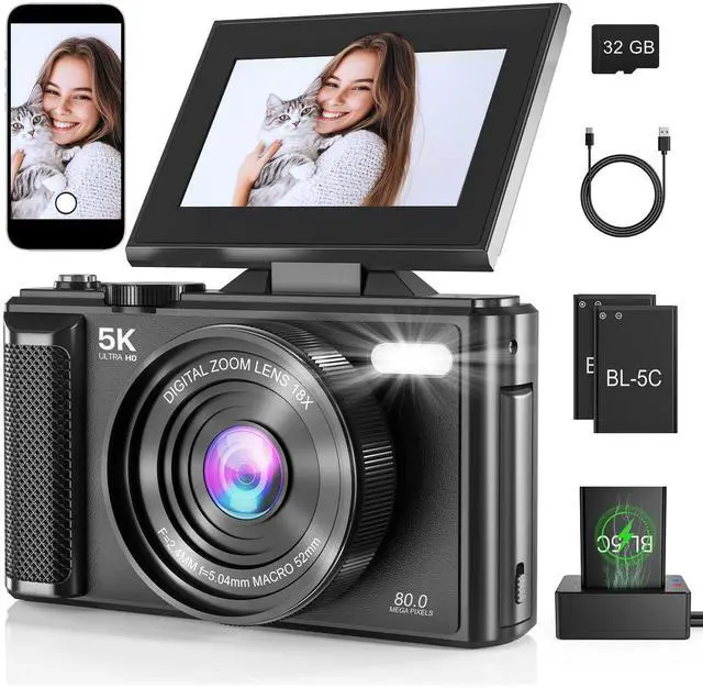 Main image of 5K Vlogging Digital Camera for Beginners,80MP Travel Camera for Photography with 32GB Card,18X Zoom Portable Compact Camera with 180° Flip Screen,Waterproof Point and Shoot Camera for Teen,Ideal Gift
