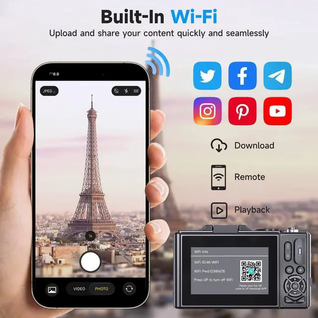 Alt view image 3 of 7 - 5K Vlogging Digital Camera for Beginners,80MP Travel Camera for Photography with 32GB Card,18X Zoom Portable Compact Camera with 180° Flip Screen,Waterproof Point and Shoot Camera for Teen,Ideal Gift