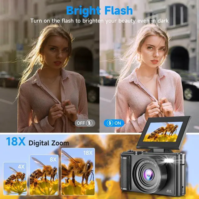 Alt view image 5 of 7 - 5K Vlogging Digital Camera for Beginners,80MP Travel Camera for Photography with 32GB Card,18X Zoom Portable Compact Camera with 180° Flip Screen,Waterproof Point and Shoot Camera for Teen,Ideal Gift