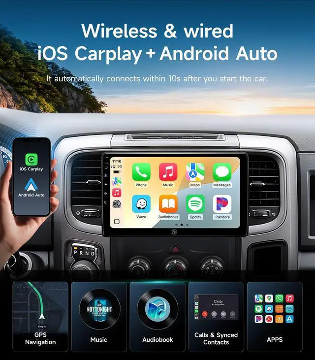 Alt view image 3 of 7 - Car Radio for Dodge Ram 1500 2500 3500 13-18, Wireless CarPlay Android Auto | 10.2" IPS HD Stereo touchscreen, 5G WiFi GPS navigation, phone link, Bluetooth, AM FM SWC, 1080P backup camera