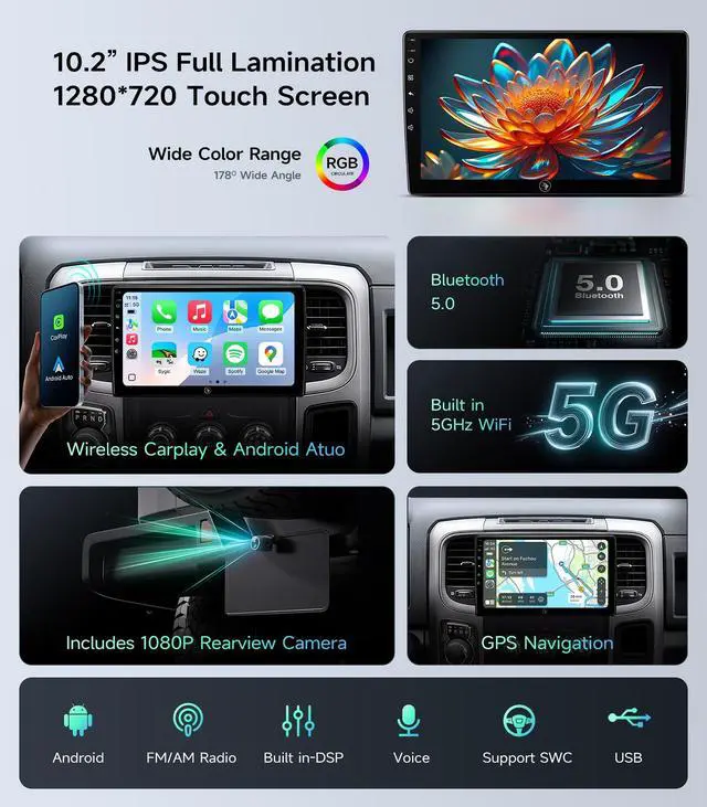 Alt view image 7 of 7 - Car Radio for Dodge Ram 1500 2500 3500 13-18, Wireless CarPlay Android Auto | 10.2" IPS HD Stereo touchscreen, 5G WiFi GPS navigation, phone link, Bluetooth, AM FM SWC, 1080P backup camera