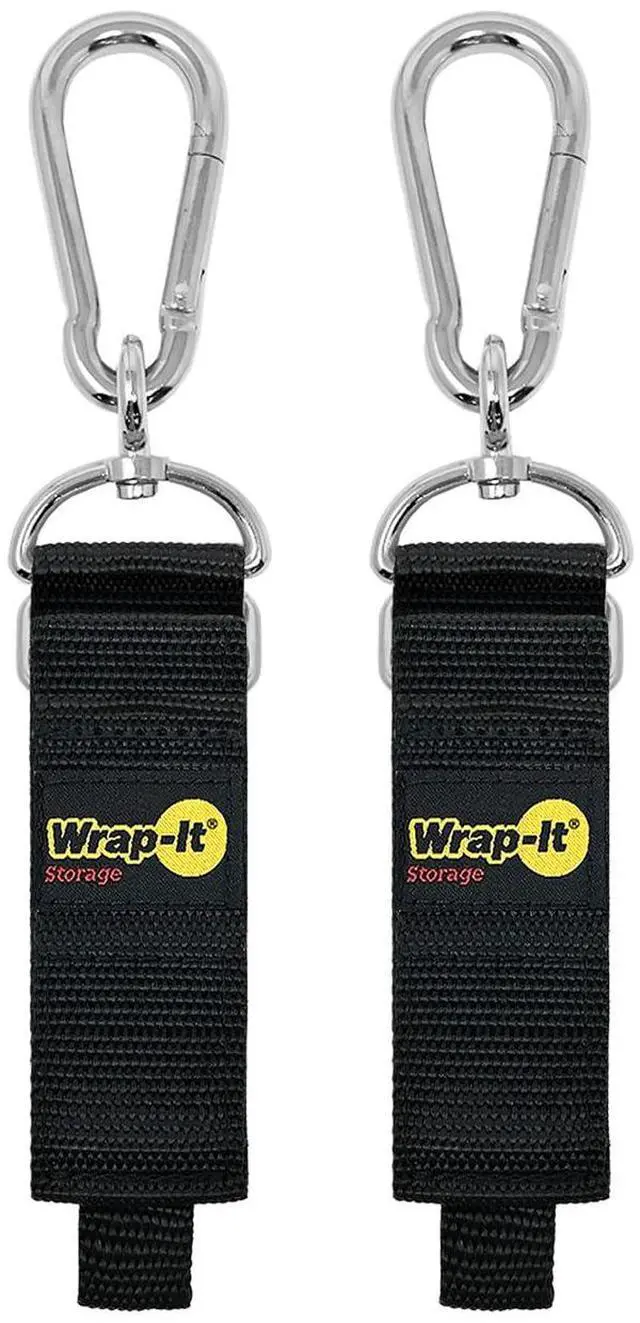 Main image of Hook 'n Hang Straps - 12" (2-Pack) Black | Carabiner Straps to Use as Extension Cord Holder Heavy Duty Straps with Hooks for Cord Storage or Garden Hose Strap