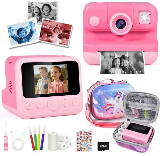 Main image of Kids Instant Print Camera with Carrying Bag, 1080P HD Girl Camera with 4 Print Paper Rolls, Color Pens & 32GB Card, Christmas Birthday Gifts Kids Girl Toys for 3-12 Years Old (Pink)