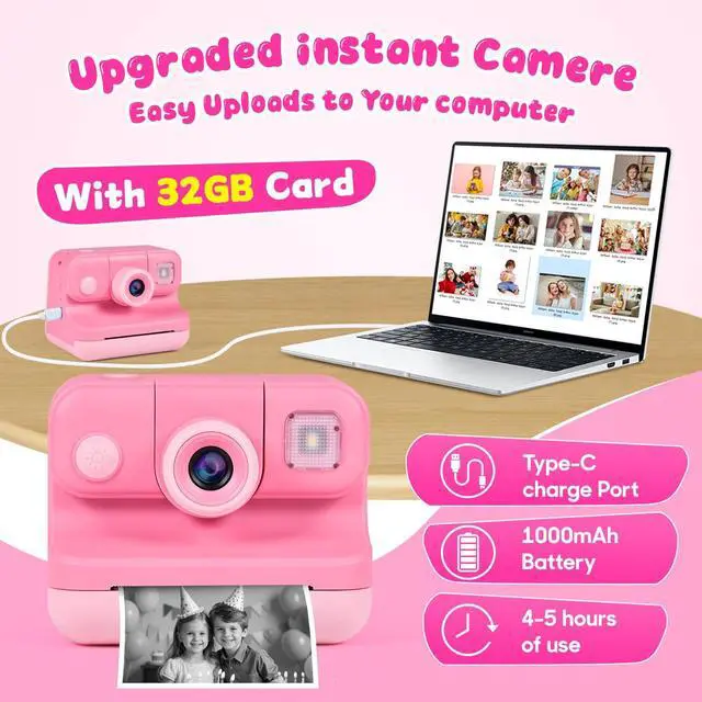Alt view image 4 of 7 - Kids Instant Print Camera with Carrying Bag, 1080P HD Girl Camera with 4 Print Paper Rolls, Color Pens & 32GB Card, Christmas Birthday Gifts Kids Girl Toys for 3-12 Years Old (Pink)