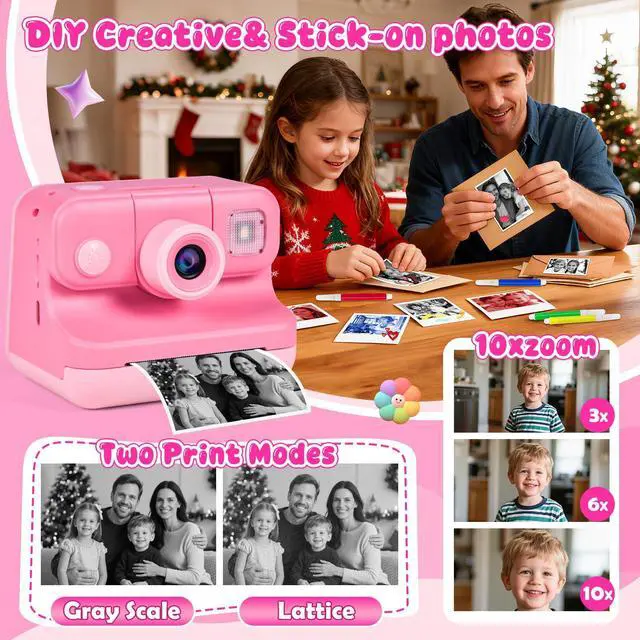 Alt view image 5 of 7 - Kids Instant Print Camera with Carrying Bag, 1080P HD Girl Camera with 4 Print Paper Rolls, Color Pens & 32GB Card, Christmas Birthday Gifts Kids Girl Toys for 3-12 Years Old (Pink)