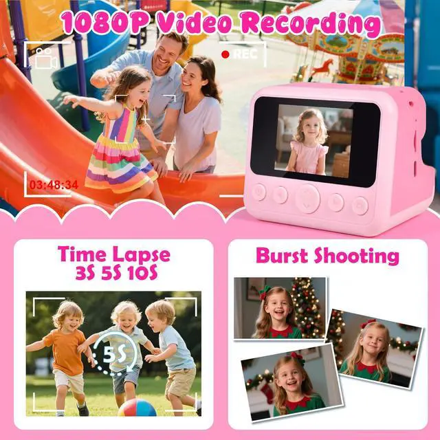 Alt view image 3 of 7 - Kids Instant Print Camera with Carrying Bag, 1080P HD Girl Camera with 4 Print Paper Rolls, Color Pens & 32GB Card, Christmas Birthday Gifts Kids Girl Toys for 3-12 Years Old (Pink)