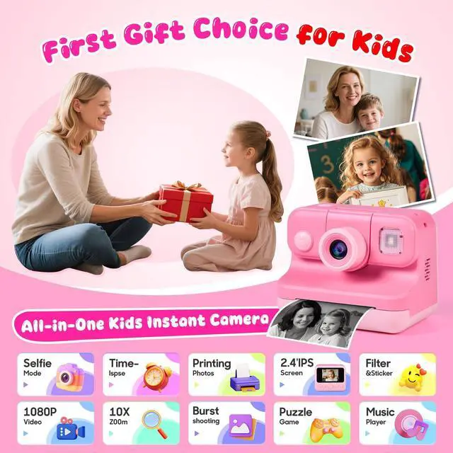 Alt view image 6 of 7 - Kids Instant Print Camera with Carrying Bag, 1080P HD Girl Camera with 4 Print Paper Rolls, Color Pens & 32GB Card, Christmas Birthday Gifts Kids Girl Toys for 3-12 Years Old (Pink)