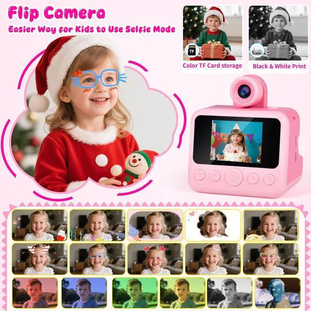 Alt view image 7 of 7 - Kids Instant Print Camera with Carrying Bag, 1080P HD Girl Camera with 4 Print Paper Rolls, Color Pens & 32GB Card, Christmas Birthday Gifts Kids Girl Toys for 3-12 Years Old (Pink)