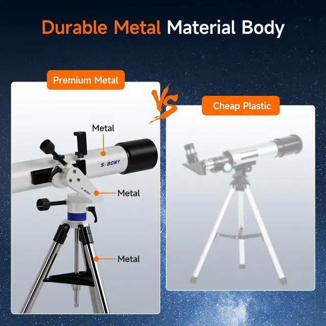 Alt view image 2 of 7 - SV520 Telescope for Adults, 90mm Aperture 800mm Focal Length, Metal | Refractor with Alt-Azimuth Mount, Telescope Kit for Beginners, with PL10, K25 Eyepieces, Barlow Len, Moon filter Phone Mount