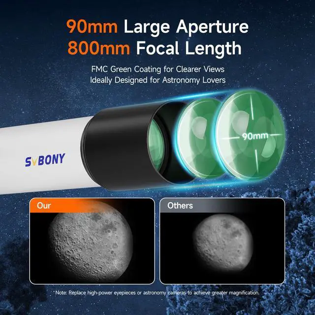 Alt view image 3 of 7 - SV520 Telescope for Adults, 90mm Aperture 800mm Focal Length, Metal | Refractor with Alt-Azimuth Mount, Telescope Kit for Beginners, with PL10, K25 Eyepieces, Barlow Len, Moon filter Phone Mount