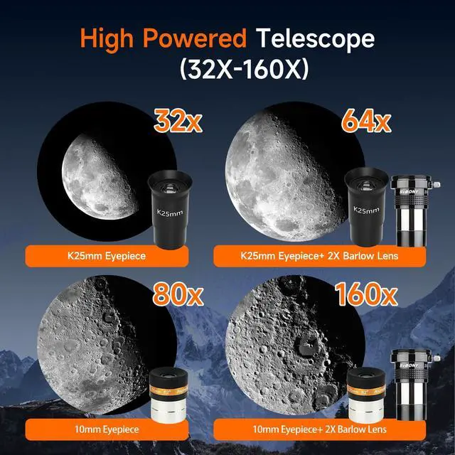 Alt view image 4 of 7 - SV520 Telescope for Adults, 90mm Aperture 800mm Focal Length, Metal | Refractor with Alt-Azimuth Mount, Telescope Kit for Beginners, with PL10, K25 Eyepieces, Barlow Len, Moon filter Phone Mount
