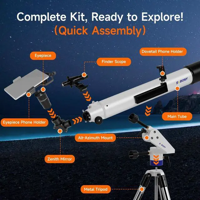 Alt view image 5 of 7 - SV520 Telescope for Adults, 90mm Aperture 800mm Focal Length, Metal | Refractor with Alt-Azimuth Mount, Telescope Kit for Beginners, with PL10, K25 Eyepieces, Barlow Len, Moon filter Phone Mount