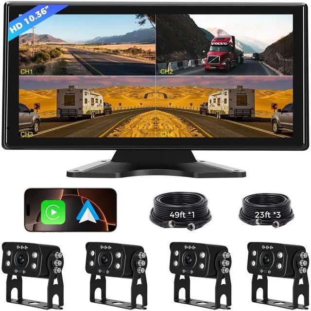 Main image of Truck RV Camera System with CarPlay & Android Auto,10.36'' Touch Screen with Recording & Voice Control & Navigation, 4 HD1080P IR Wired Rearview Backup Camera for Semi Trucks, RVs, Trailers