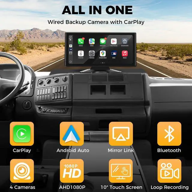 Alt view image 2 of 7 - Truck RV Camera System with CarPlay & Android Auto,10.36'' Touch Screen with Recording & Voice Control & Navigation, 4 HD1080P IR Wired Rearview Backup Camera for Semi Trucks, RVs, Trailers