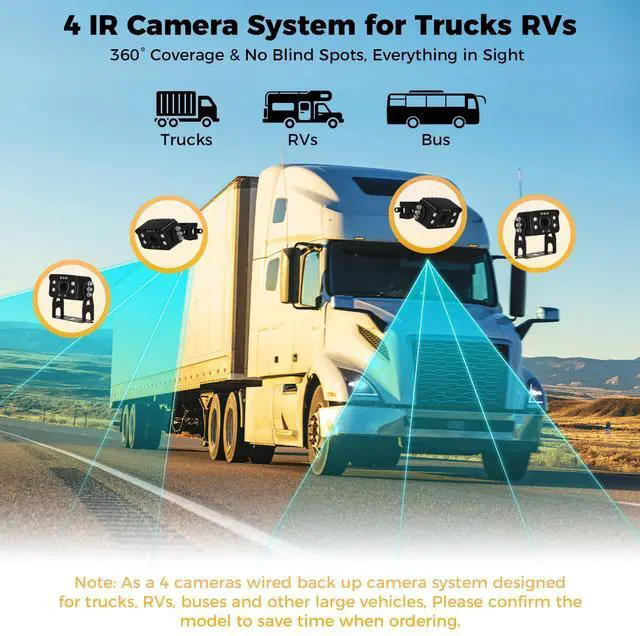 Alt view image 4 of 7 - Truck RV Camera System with CarPlay & Android Auto,10.36'' Touch Screen with Recording & Voice Control & Navigation, 4 HD1080P IR Wired Rearview Backup Camera for Semi Trucks, RVs, Trailers