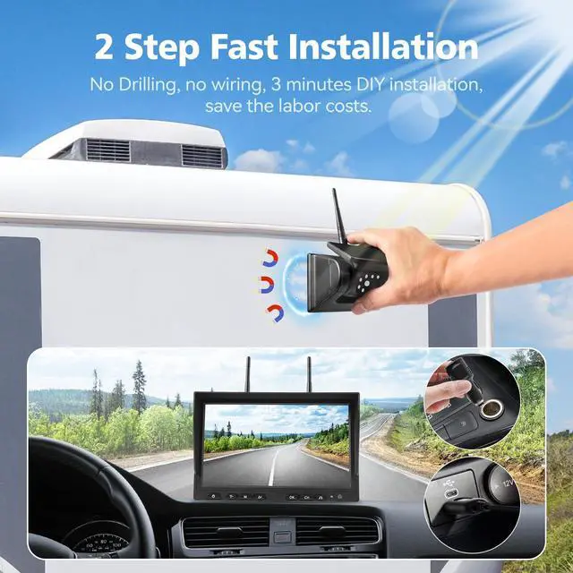 Alt view image 2 of 7 - 10.1" - 2 Magnetic Solar Wireless Backup Camera, HD 1080P DVR Monitor, Dual RV Cameras System for Hitch Towing RV Camper Trailer, IR Night Vision, Rechargeable Battery, Type-C Charging, SR2