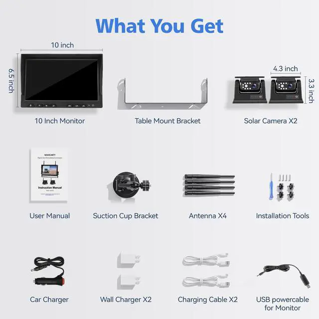 Alt view image 7 of 7 - 10.1" - 2 Magnetic Solar Wireless Backup Camera, HD 1080P DVR Monitor, Dual RV Cameras System for Hitch Towing RV Camper Trailer, IR Night Vision, Rechargeable Battery, Type-C Charging, SR2