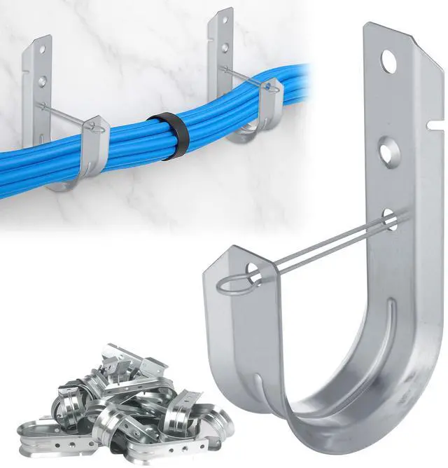 Main image of 2" 50 PCS Galvanized Steel J-Hooks | Heavy Duty Wall Mount Cable Support J Hook with Retainer Clip for Cable Management