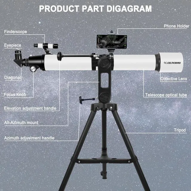 Alt view image 3 of 7 - Telescope for Adults High Powered, 90mm Aperture 1000mm Refractor Telescopes for Adults Astronomy Telescopio with High Precision Adjustment, Ultra-Stable Vertisteel AZ Mount Base Tripod, Phone Adapte