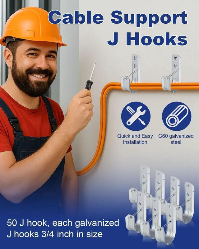 Alt view image 3 of 7 - 2" 50 PCS Galvanized Steel J-Hooks | Heavy Duty Wall Mount Cable Support J Hook with Retainer Clip for Cable Management