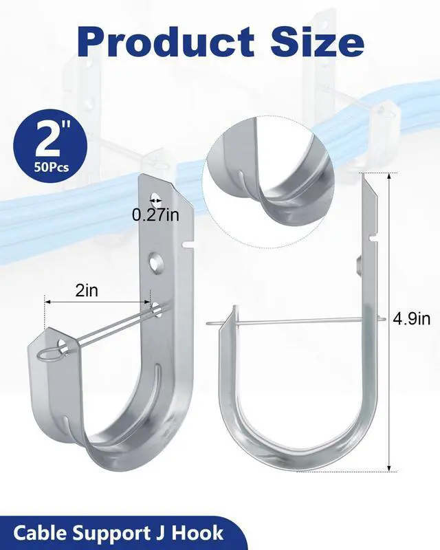 Alt view image 2 of 7 - 2" 50 PCS Galvanized Steel J-Hooks | Heavy Duty Wall Mount Cable Support J Hook with Retainer Clip for Cable Management