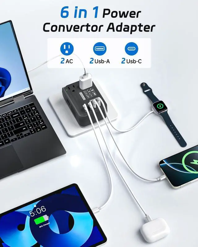 Alt view image 2 of 7 - 350W 220V to 110V Voltage Converter with Travel Adapter, Black | 4 USB Ports, Works with Hair Straighteners & Curling Irons, UK/EU/US/AU Plug Compatibility