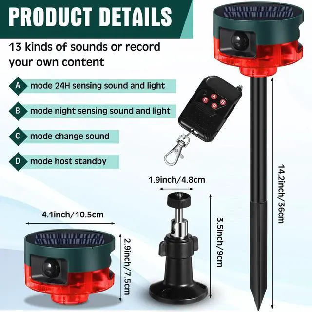 Alt view image 2 of 7 - 2 Pack Solar Outdoor Motion Sensor Alarm-Dog Barking&Gunshot Sound Support Recording Animal Deterrent for Home Security, 13 Kinds of Sounds (Red)