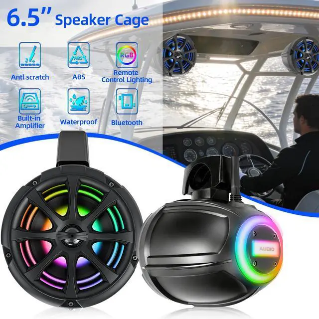 Alt view image 2 of 7 - 1200W 6.5 Inch Marine Speakers, Built-in Bluetooth & Amplifier, IPX6 Waterproof Powered Subwoofers, RGB Lights, 2-Way, Independent Remote Control, Boats Audio System for ATVs, UTVs, Jeeps, Golf Cart